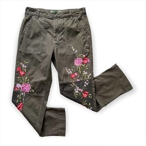 Anthropologie Olive Green Floral Embroidered Pants Women’s 28